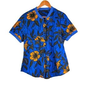 Mae Otti African print short sleeve button-up shirt Blue Yellow Floral Size L